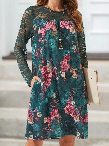 

Floral Printed Lace Long Sleeve Crew Neck Plus Size Casual Women Dresses, Multicolor, Mini Dresses