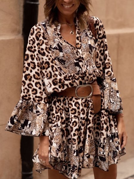 

Loosen Leopard Vacation Henley Boho Dresses, Mini Dresses