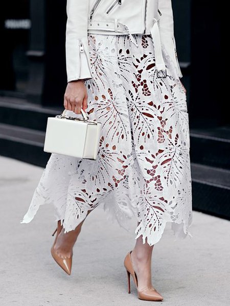 

Elegant Lace Solid Eyelet Skirt, White, Midi Skirts