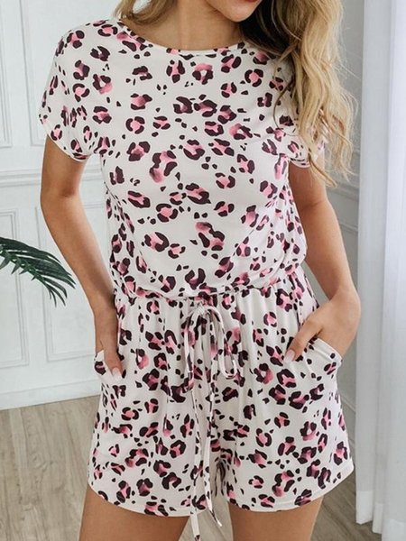 

Leopard Print Round Neck Pocket Drawstring Waist Jumpsuit One-Pieces, White, Jumpsuits＆Rompers