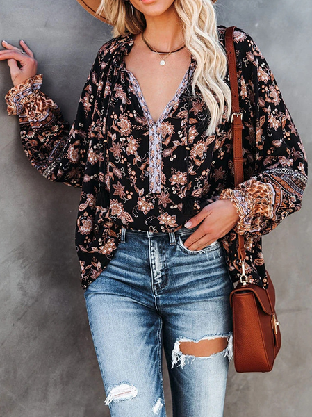 

Printed V-neck Lantern Long Sleeve Casual Loose Shirt, Black, Tops