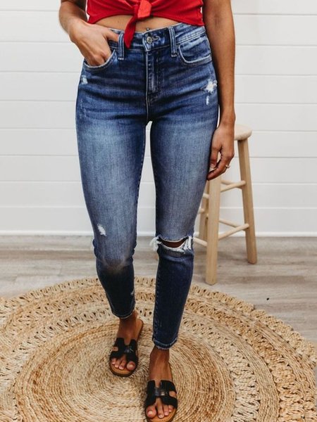 

Casual Denim Solid Pocket Pants, Blue, Jeans