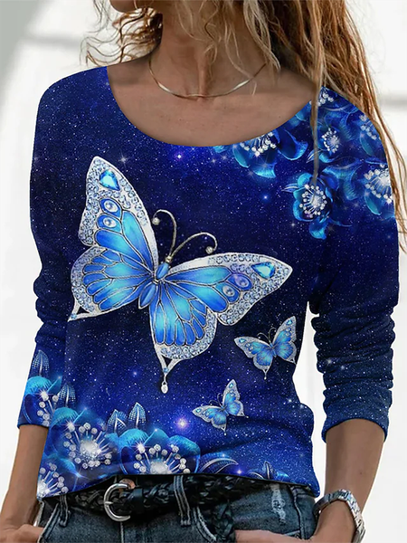 

Long Sleeve Casual Crew Neck Butterfly T-shirt, Blue, T-Shirts