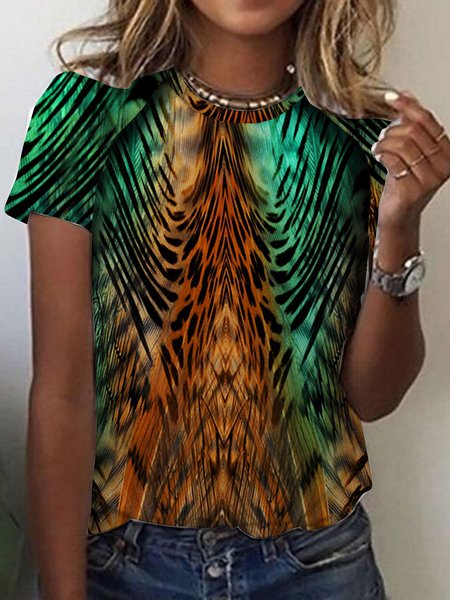 

Short sleeve crew neck geometric stripe gradient Animal Zebra fit top T-shirt Plus Size, Green, Tops