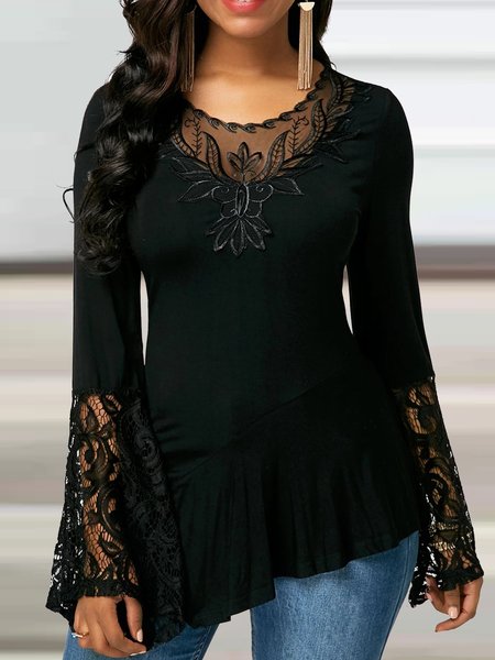 

Loosen Crew Neck Plain Lace Tunic Shirts & Tops, Black, Tops