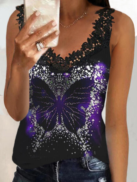 

Vacation V Neck Butterfly Vests, Black, Tanks & Camis