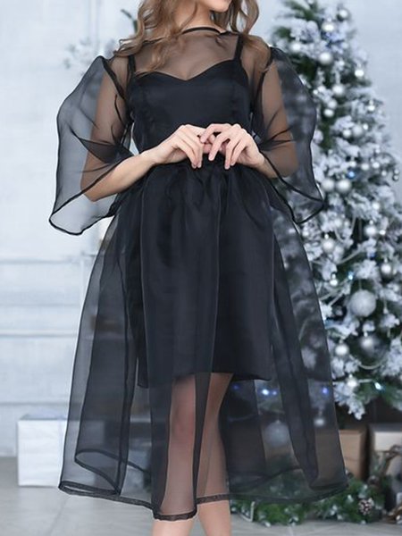 

Date Crew Neck Regular Fit Elegant Dress, Black, Midi Dresses