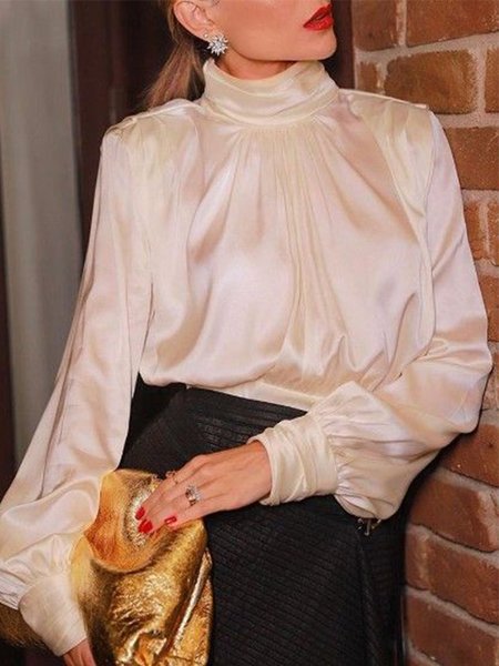

Elegant Long Sleeve High Neck Regular Fit Top, Off white, Tops