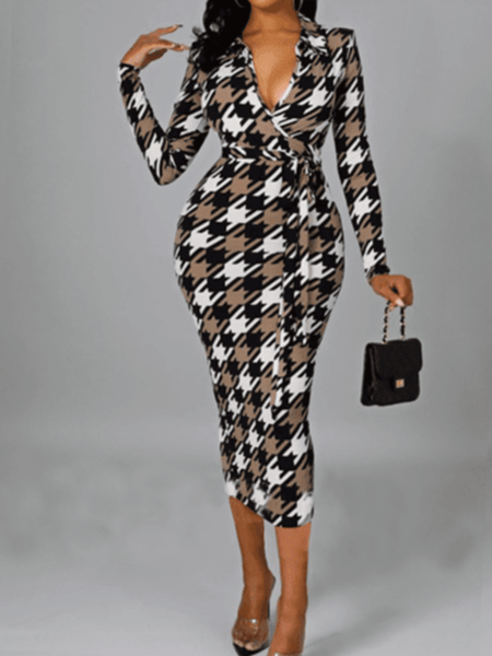 

Spring V Neck Long sleeve High Stretch Date Daily Dresses, As picture, Midi Dresses