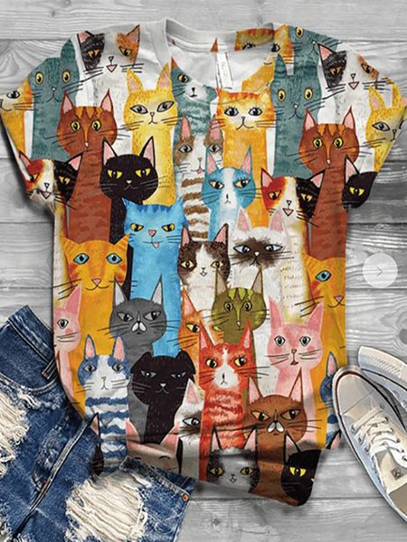 

Casual Cat Printed Colorful T-shirt T-shirt, As picture, T-Shirts