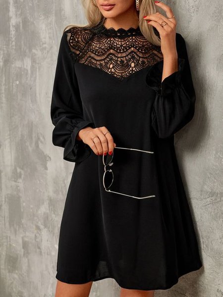 Lace Lantern Sleeve Elegant Mini Dresses, Black, Mini Dresses