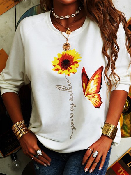 

Casual Sunflower Crew Neck Long Sleeve Sweatshirt, White, Hoodies & Sweatshirts