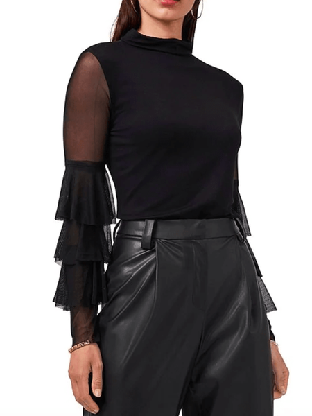 

Spring Long sleeve Stand Collar Daily High Stretch Tops, Black, Tees