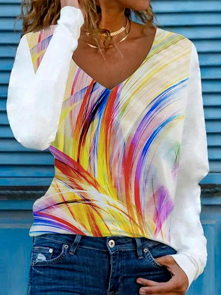 

Ombre V Neck Loosen Shirts & Tops, White, Tops
