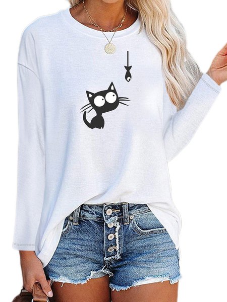 

Cotton Blends Crew Neck Animal Shirts & Tops, White, T-Shirts