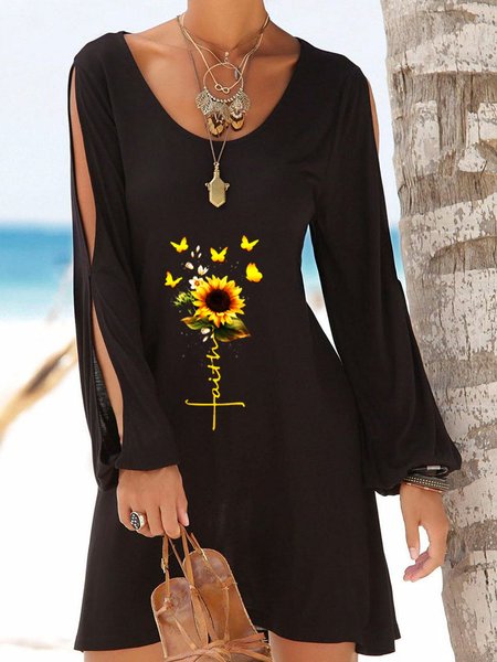 

Loosen Butterfly Floral Casual Vacation Long sleeve Chiffon Dresses, Black, Floral Dresses