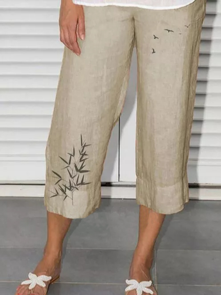 Cotton Blends Floral Casual Pants, Apricot, Pants