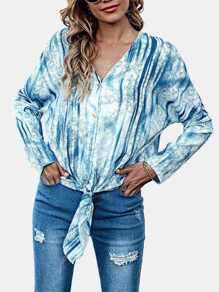 

Tie Dye Knotted Button V-neck Long Sleeve Casual Blouse, Multicolor, Tops
