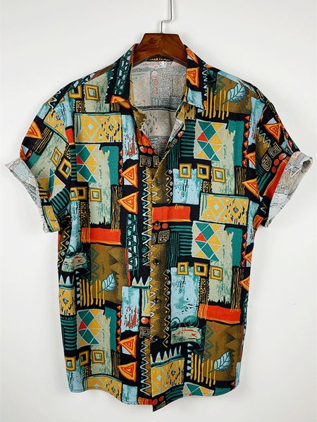 

Mens Patchwork Tribal Print Casual Breathable Short Sleeve Hawaiian Shirts, Blue, Men's Floral shirt