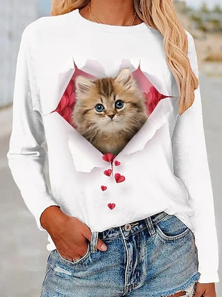 

Cute Cat Crew Neck Casual Shirts & Tops, White, Tops