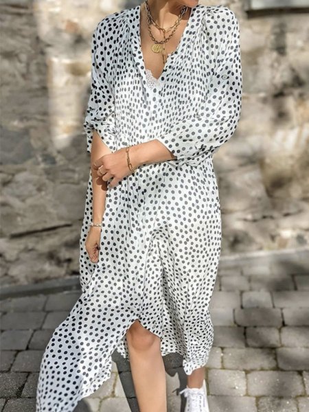 

V Neck Casual Polka Dots Dresses, Black-white, Midi Dresses