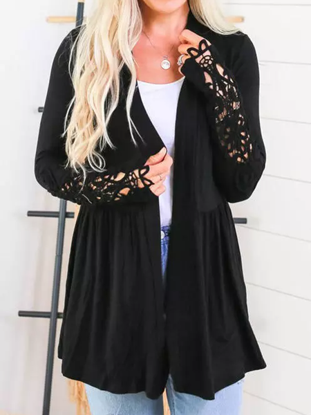 

Casual Lace Splicing Hollow Out Ruffled Cardigan Outerwear, Black, Outerwear