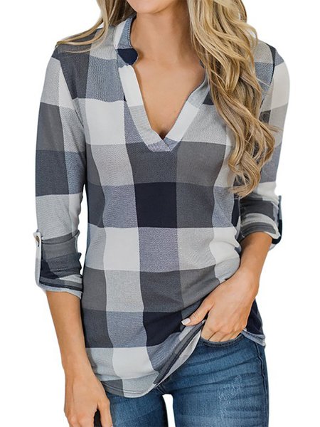 

Casual Grid Long Sleeves Tops, Gray, Tops