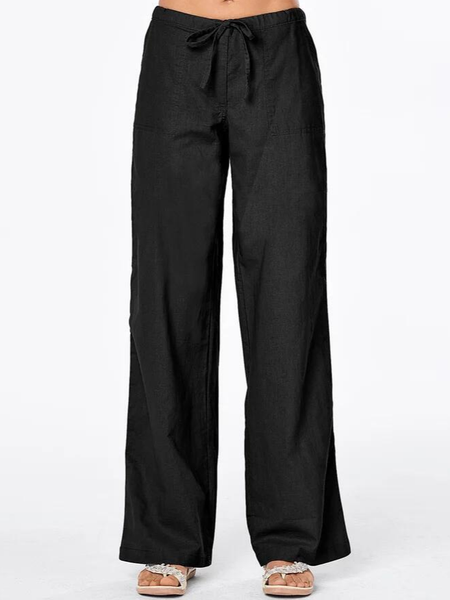 

Casual loose wide leg lace-up waist linen women's trousers, Black, Pants
