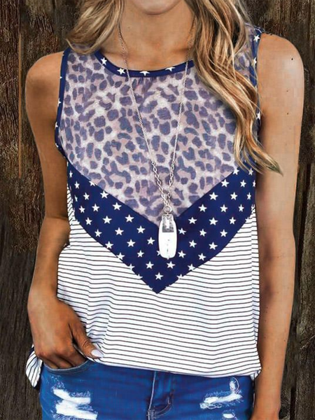 

Casual Leopard Striped Star Print Round Neck Sleeveless Vests, Multicolor, Tanks & Camis