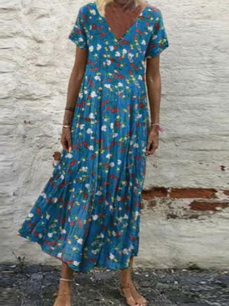 

Regular Fit Floral Cotton Blends Dresses, Blue, Maxi Dresses