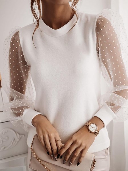 

Plain Mesh Long Sleeve Crew Neck Plus Size Casual Tops, White, Tops