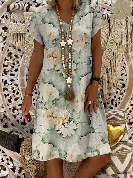 

Vacation Floral V Neck Cotton Blends Dresses, Multicolor, Floral Dresses