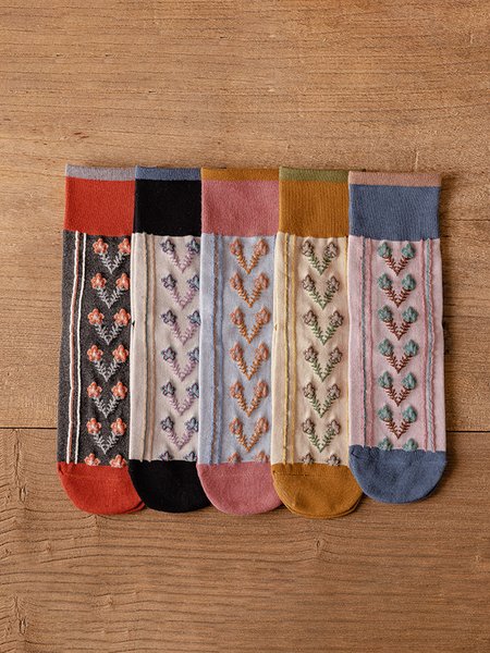 

5 Pairs Of Vintage Palace Style Jacquard Knitted Socks, As picture, Socks