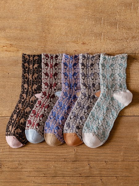 

5 Pairs Of Vintage Palace Style Jacquard Knitted Socks, As picture, Socks