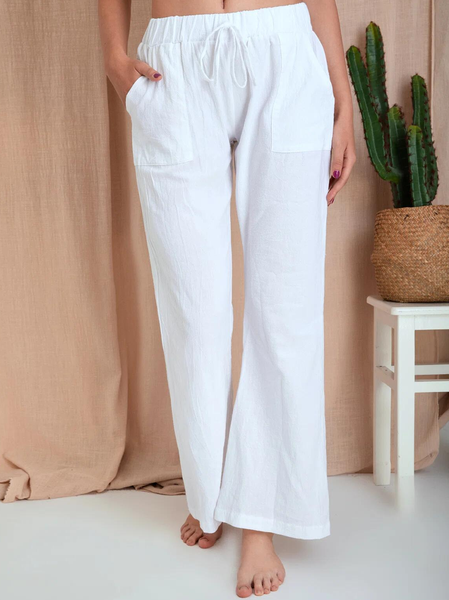 

Casual loose cotton linen wide-leg flared women's trousers, White, Pants