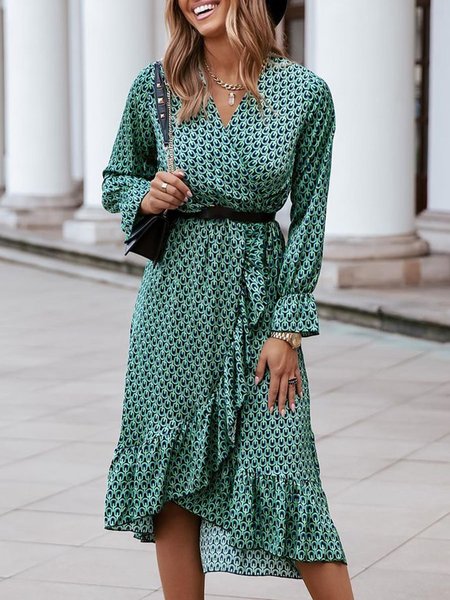 

Long Sleeve Geometric Printed V Neck Plus Size Casual Dresses, Green, Midi Dresses