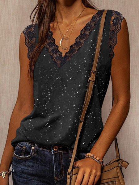 

Lace Regular Fit V Neck Vests, Black, Tanks & Camis
