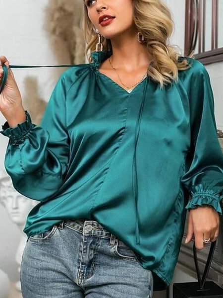 

Long sleeve V-neck plain no pattern loose Satin glossy Top Shirt Plus Size, Green, Blouses & Shirts