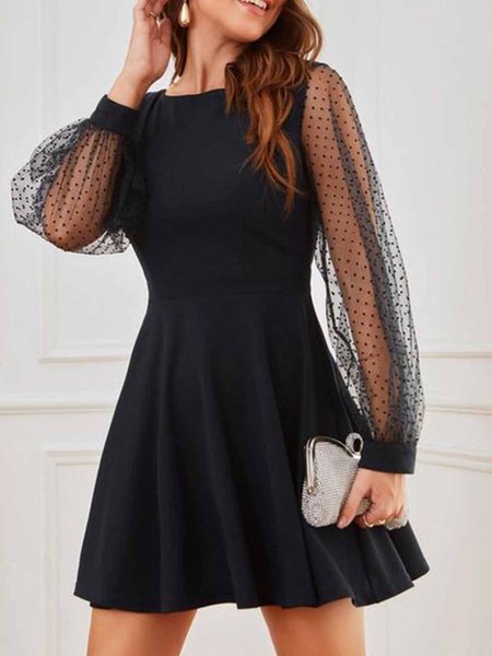 

Long sleeved round neck plain color patterned stitching dot mesh fabric waist closing thin dress, Black, Mini Dresses