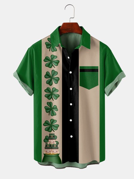 

Vintage Clover Graphic Short Sleeve Casual Men's Shirt, Green, Shirts ＆ Blouse