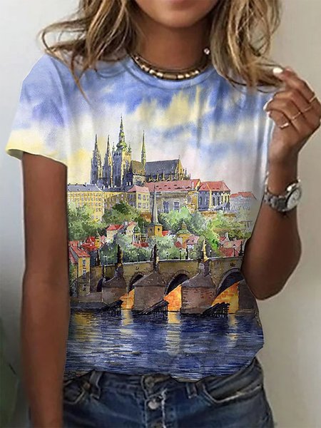 

Landscape Print Crew Neck Shirts & Tops, Multicolor, Tops
