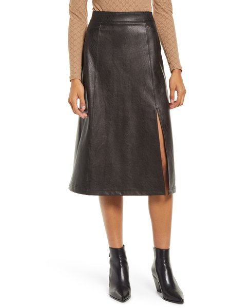 

Simple Daily Regular Fit Pu Leather Skirt, Black, Midi Skirts