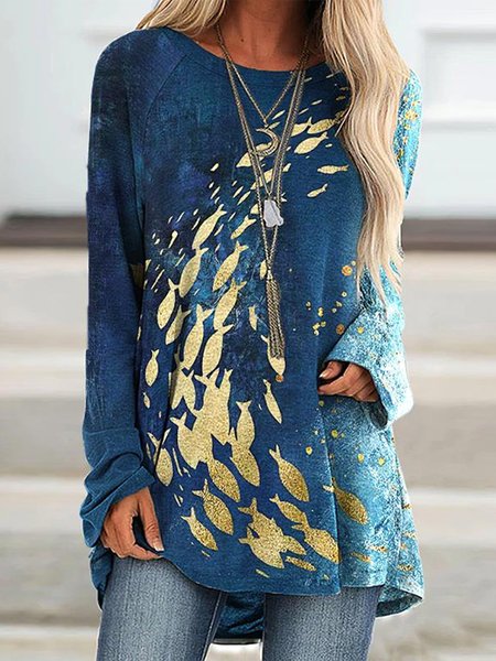 

Vacation Loosen Crew Neck Ombre Shirts & Tops, Blue, Tops