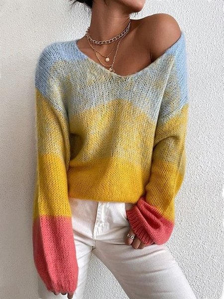 

Casual V neck Loosen Striped Long Sleeve Sweater, Yellow, Knitwear & Sweaters