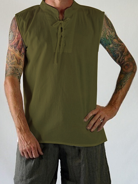 

The Middle Ages And Renaissance Bind round Collar Cotton And linen Vest, Army green, Men's t-shirts