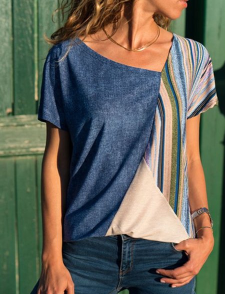 

Loosen Color Block V Neck Shirts & Tops, Multicolor, T-Shirts