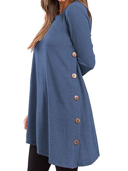 

Casual long-sleeved irregular skirt button dress, Blue, Tops