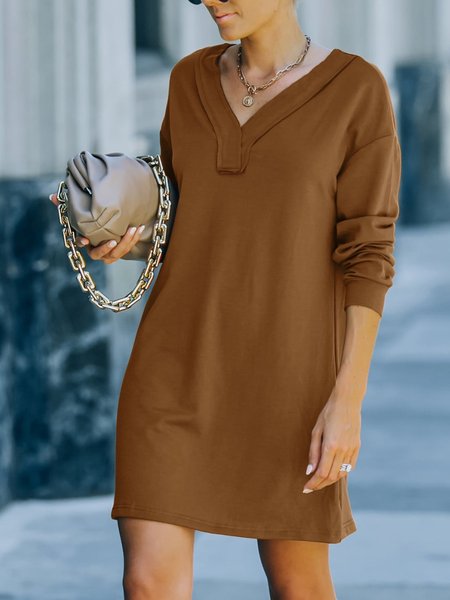 

Casual Long Sleeve V Neck Plus Size Dress, Brown, Mini Dresses