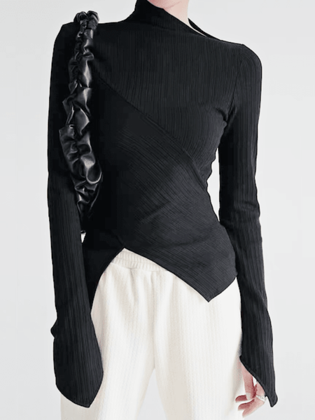 

Spring Long sleeve Asymmetrical Neck Slim Fit Simple High Stretch Daily Tops, Black, Tops