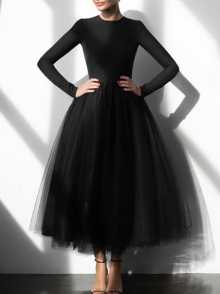 

Elegant Regular Fit Crew Neck Midi Dress, Black, Midi Dresses